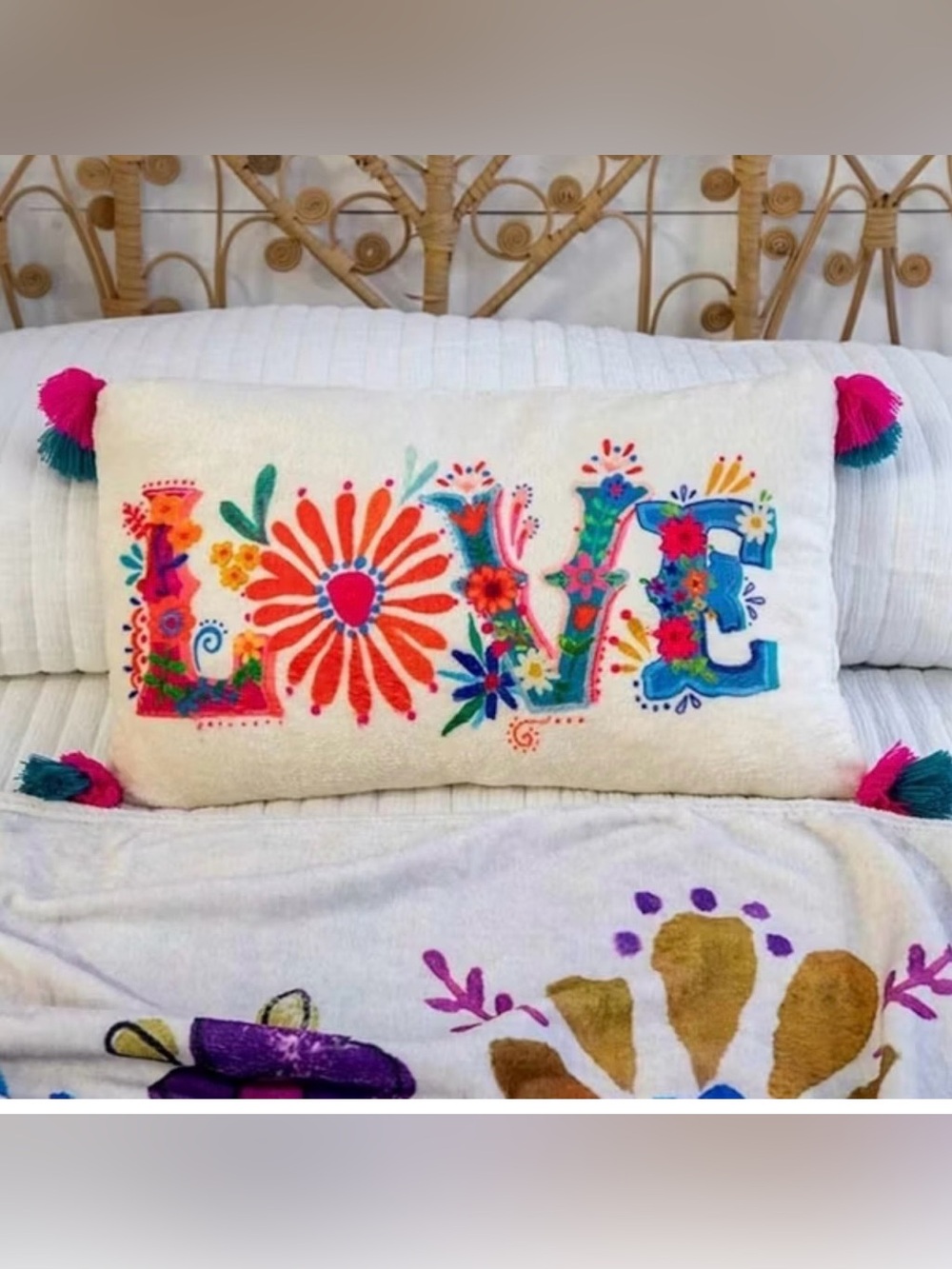 NATURAL LIFE Cream Embroidered 'LOVE' Pillow with Multicolor Floral Stitching